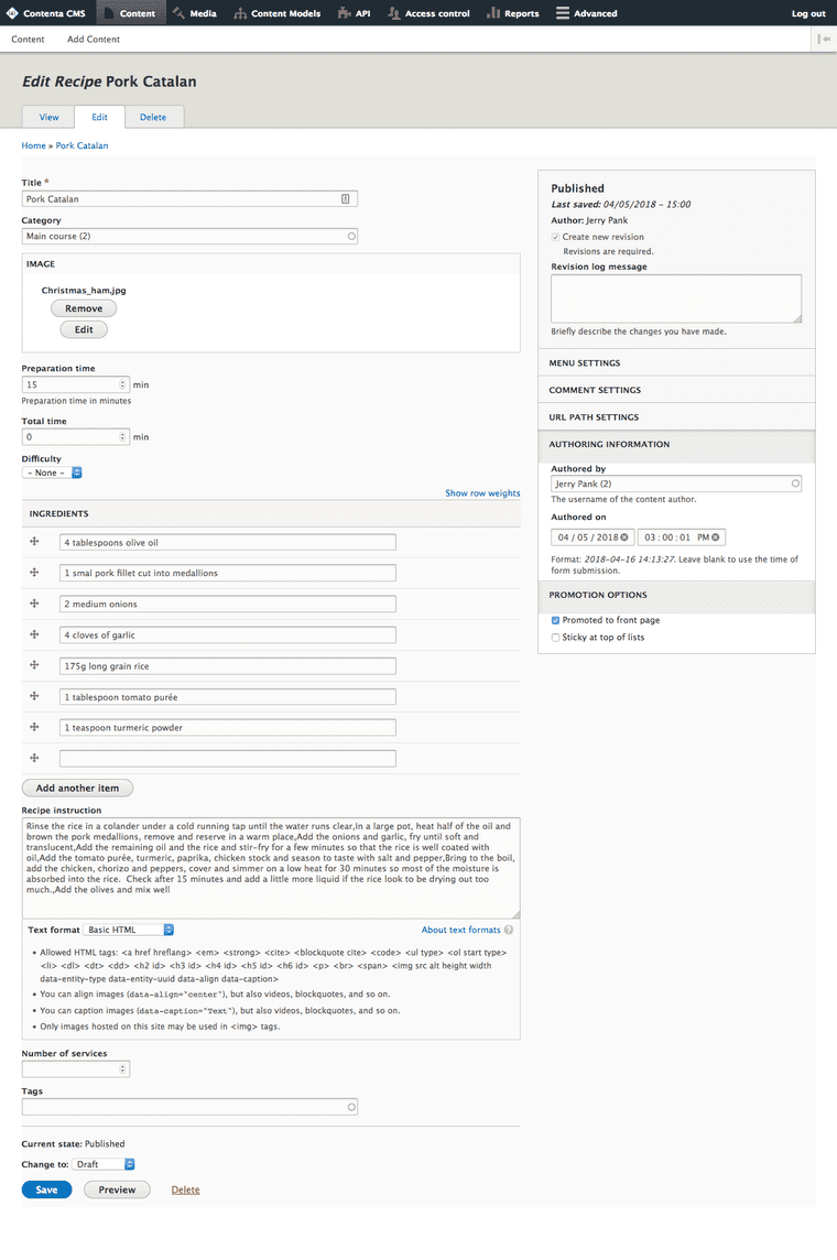 Form for editing recipe content showing the content model translated into form fields that make it easy for an editor to work with.